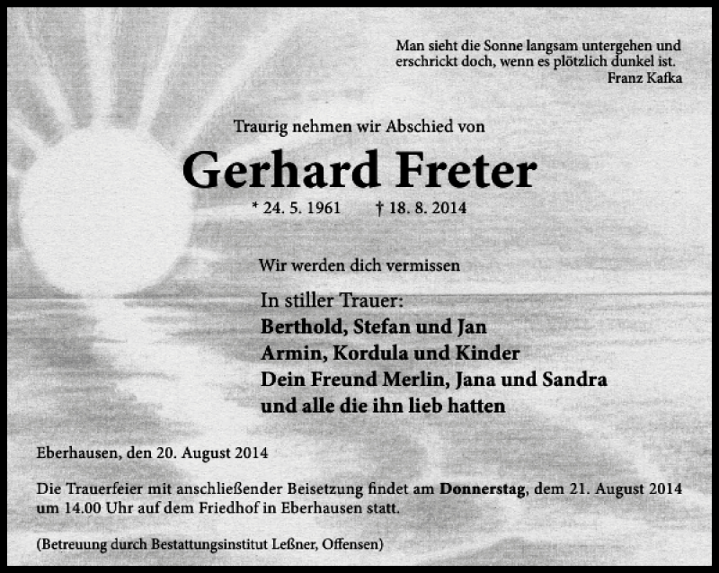  Traueranzeige für Gerhard Freter vom 20.08.2014 aus Göttinger Tageblatt