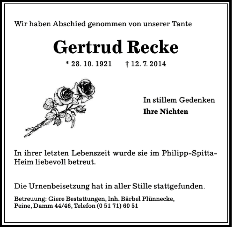  Traueranzeige für Gertrud Recke vom 13.08.2014 aus Peiner Allgemeine Zeitung