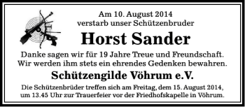 Traueranzeige von Horst Sander von Peiner Allgemeine Zeitung