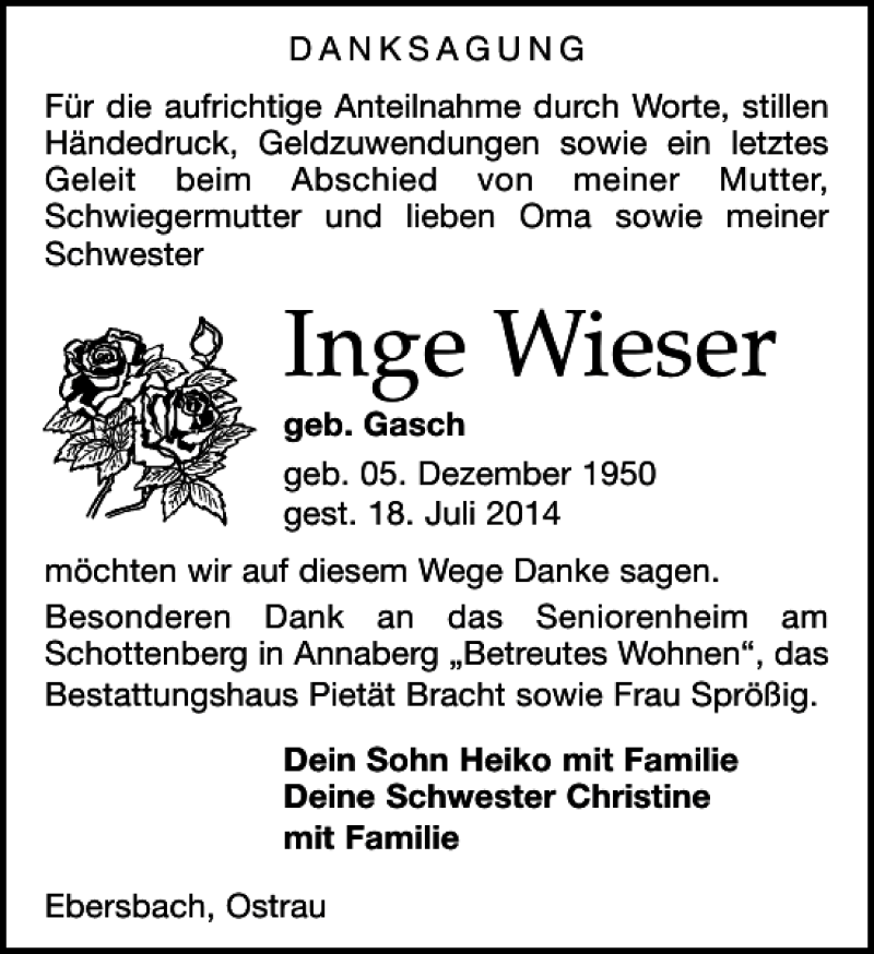  Traueranzeige für Inge Wieser vom 23.08.2014 aus Leipziger Volkszeitung