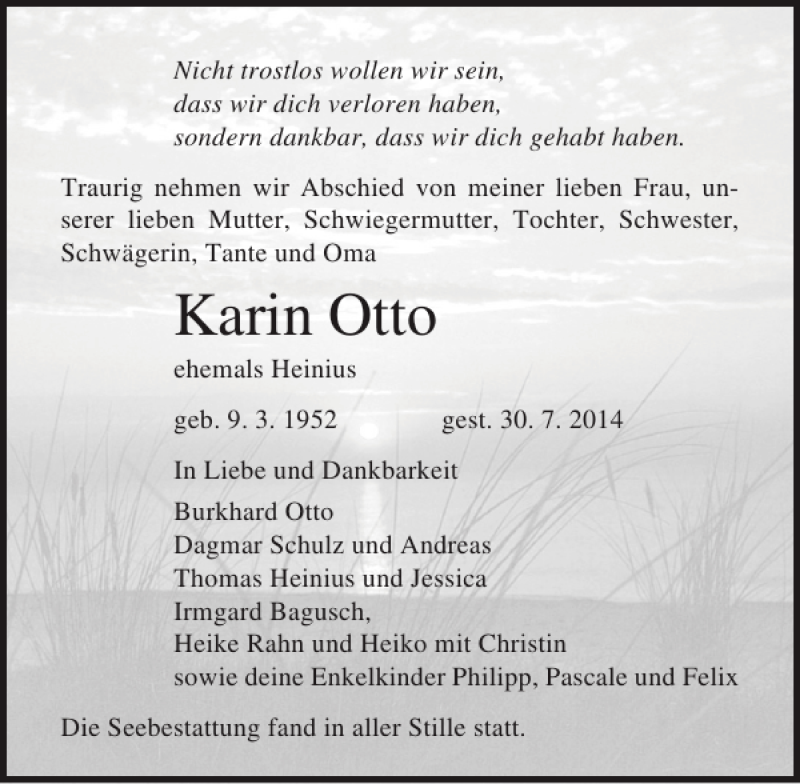  Traueranzeige für Karin Otto vom 30.08.2014 aus Ostsee-Zeitung