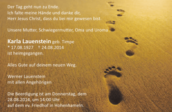 Traueranzeige von Karla Lauenstein von Peiner Allgemeine Zeitung