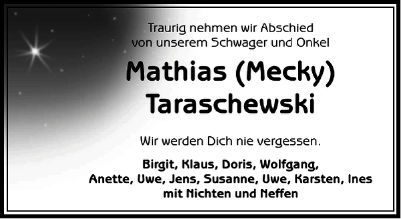  Traueranzeige für Mathias Mecky Taraschewski vom 12.08.2014 aus Peiner Allgemeine Zeitung