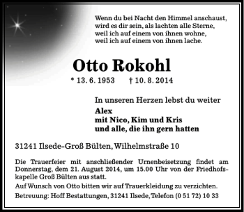 Traueranzeige von Otto Rokohl von Peiner Allgemeine Zeitung