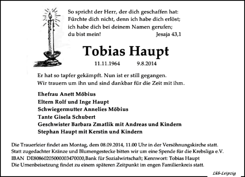  Traueranzeige für Tobias Haupt vom 16.08.2014 aus Leipziger Volkszeitung