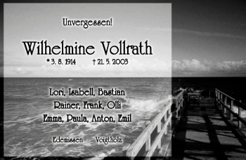 Traueranzeige von Wilhelmine Vollrath von Peiner Allgemeine Zeitung