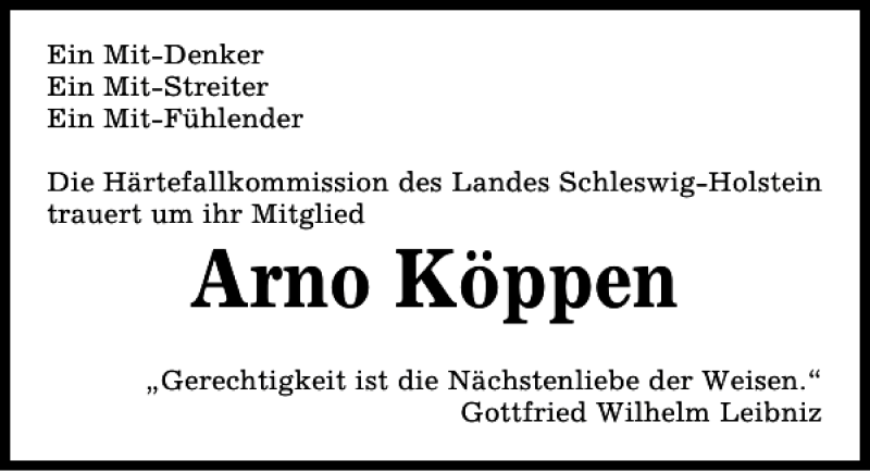  Traueranzeige für Arno Köppen vom 13.09.2014 aus Kieler Nachrichten / Segeberger Zeitung