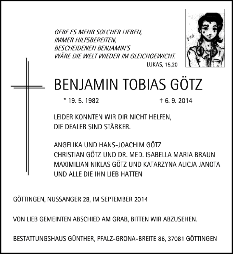  Traueranzeige für BENJAMIN TOBIAS GÖTZ vom 10.09.2014 aus Göttinger Tageblatt