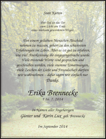 Traueranzeige von Erika Brennecke von Peiner Allgemeine Zeitung
