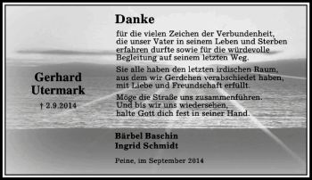 Traueranzeige von Gerhard Utermark von Peiner Allgemeine Zeitung