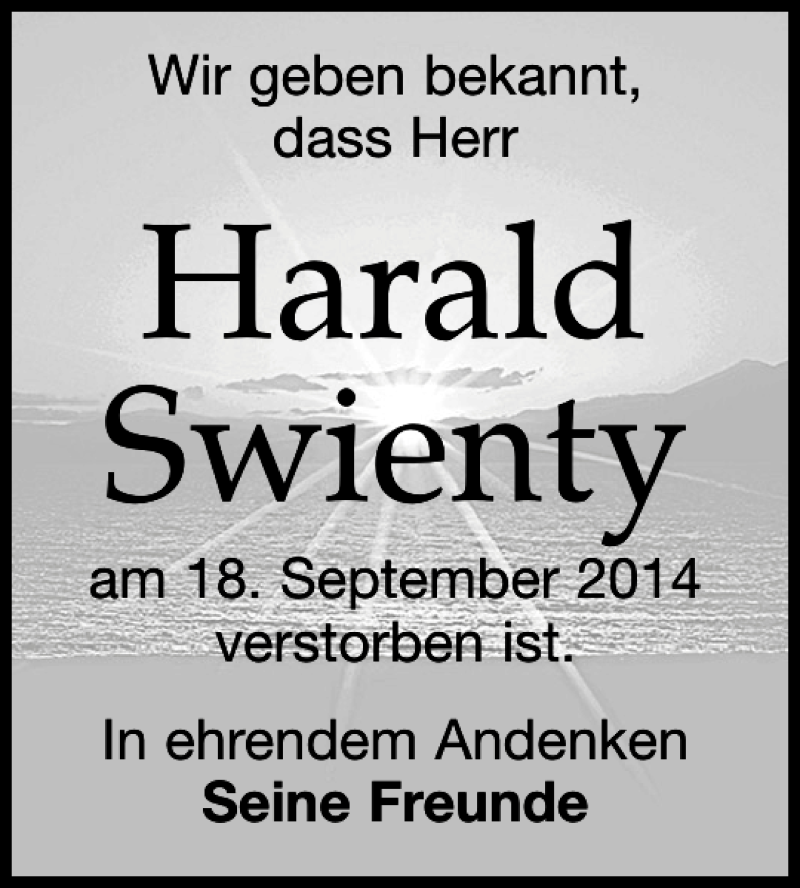  Traueranzeige für Harald Swienty vom 27.09.2014 aus Leipziger Volkszeitung