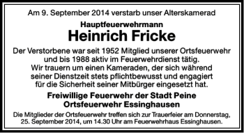 Traueranzeige von Heinrich Fricke von Peiner Allgemeine Zeitung