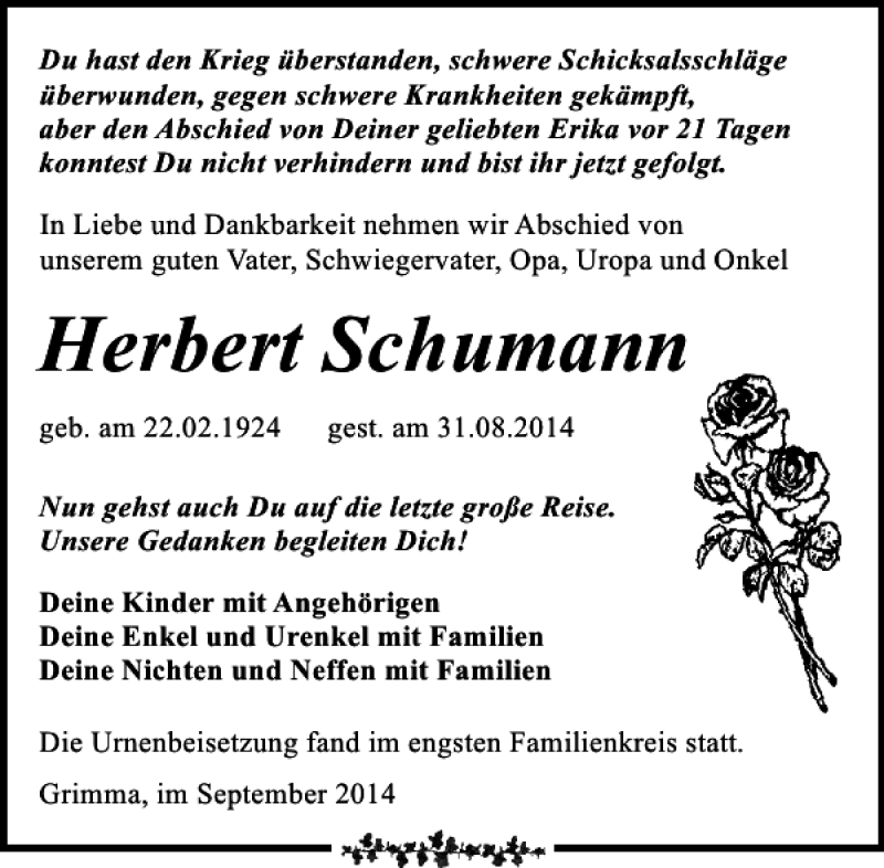  Traueranzeige für Herbert Schumann vom 20.09.2014 aus Leipziger Volkszeitung