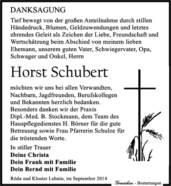 Traueranzeige von Horst Schubert von Leipziger Volkszeitung