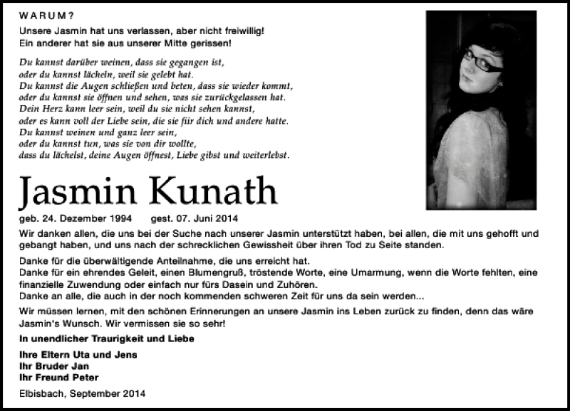  Traueranzeige für Jasmin Kunath vom 27.09.2014 aus Leipziger Volkszeitung