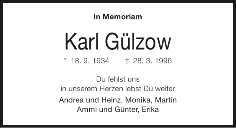  Traueranzeige für Karl Gülzow vom 18.09.2014 aus Kieler Nachrichten / Segeberger Zeitung