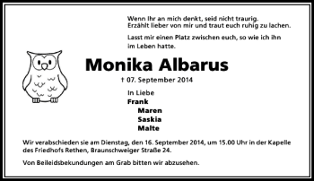 Traueranzeige von Monika Albarus von HAZ/NP