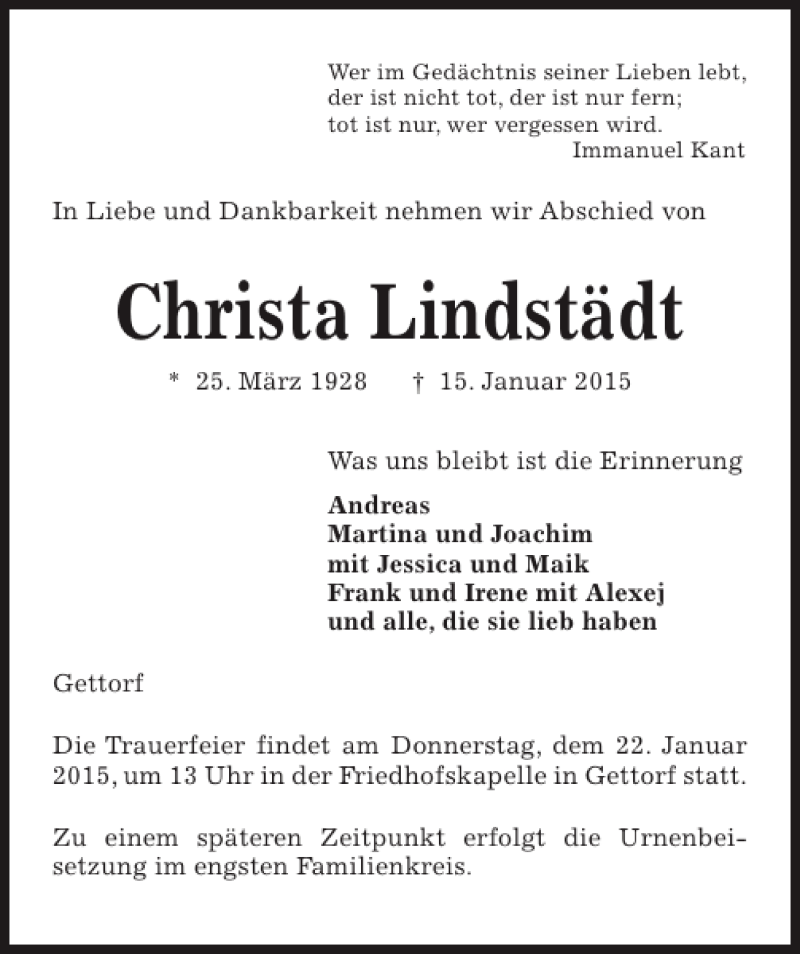  Traueranzeige für Christa Lindstädt vom 20.01.2015 aus Kieler Nachrichten / Segeberger Zeitung