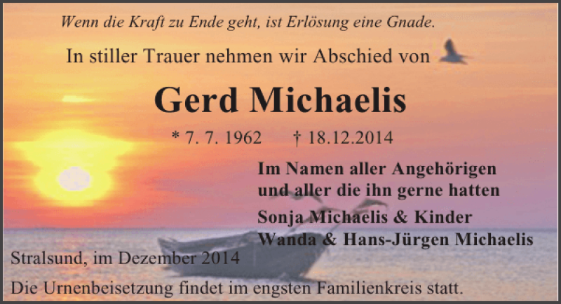  Traueranzeige für Gerd Michaelis vom 10.01.2015 aus Ostsee-Zeitung