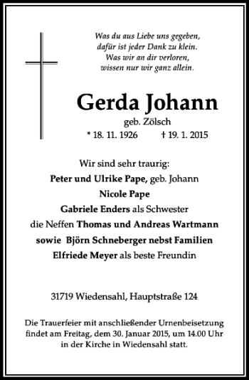 Traueranzeige von Gerda Johann von Schaumburger Nachrichten