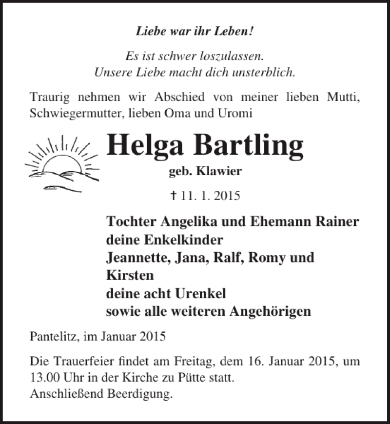  Traueranzeige für Helga Bartling vom 14.01.2015 aus Ostsee-Zeitung