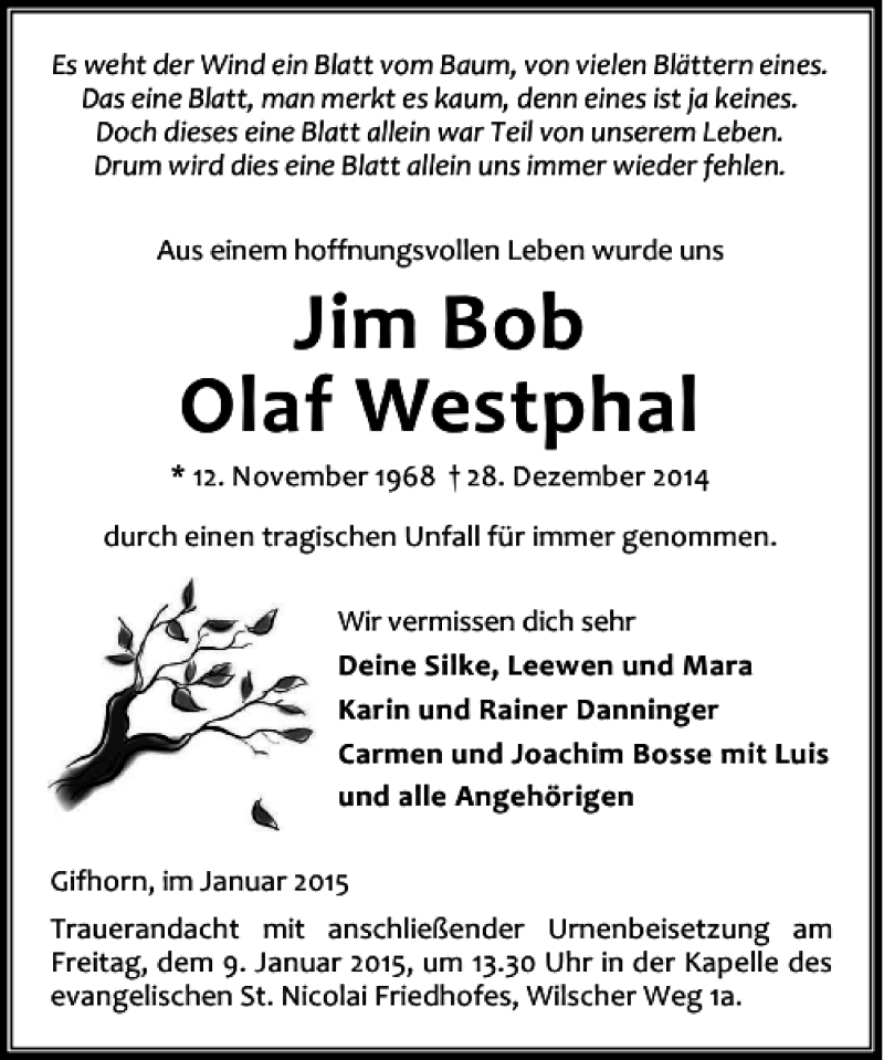  Traueranzeige für Jim Bob Olaf Westphal vom 06.01.2015 aus Aller Zeitung / Wolfsburger Allgemeine