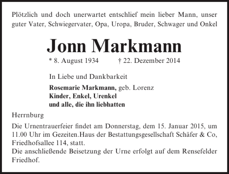  Traueranzeige für Jonn Markmann vom 11.01.2015 aus Lübecker Nachrichten