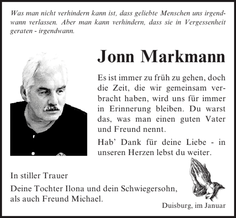 Traueranzeige für Jonn Markmann vom 11.01.2015 aus Lübecker Nachrichten