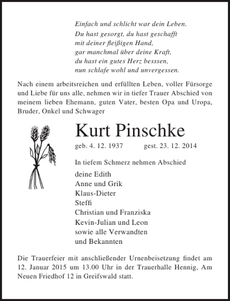  Traueranzeige für Kurt Pinschke vom 03.01.2015 aus Ostsee-Zeitung