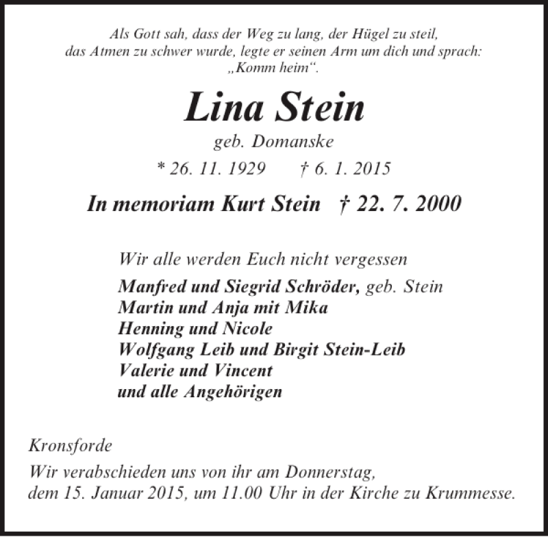  Traueranzeige für Lina Stein vom 13.01.2015 aus Lübecker Nachrichten