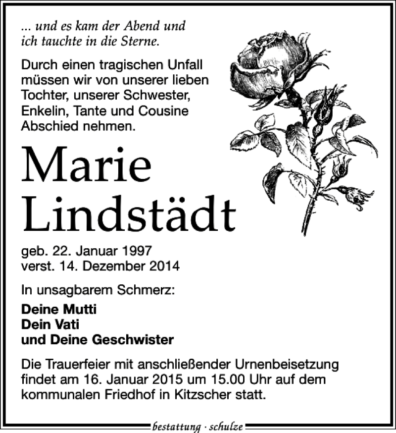  Traueranzeige für Marie Lindstädt vom 10.01.2015 aus Leipziger Volkszeitung