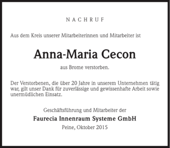 Traueranzeige von Anna-maria Cecon von Peiner Allgemeine Zeitung