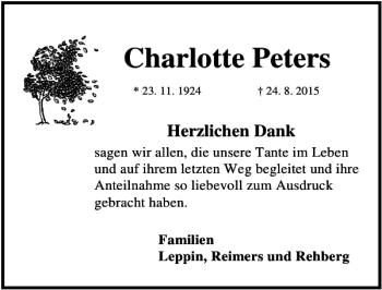 Traueranzeige von Charlotte Peters von Lübecker Nachrichten