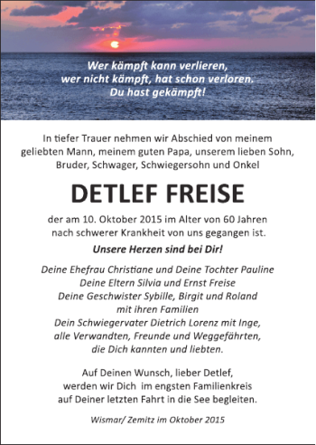 Traueranzeige von Detlef Freise von Ostsee-Zeitung