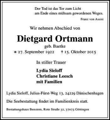 Traueranzeige von Dietgarda Ortmann von Göttinger Tageblatt
