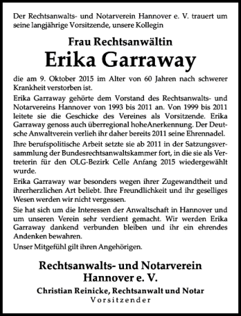 Traueranzeige von Erika Garraway von HAZ/NP