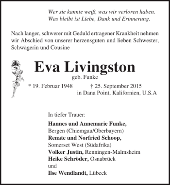 Traueranzeige von Eva Livingston von Lübecker Nachrichten