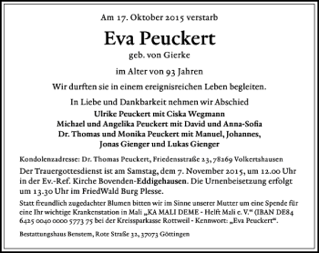 Traueranzeige von Eva Peuckert von Göttinger Tageblatt