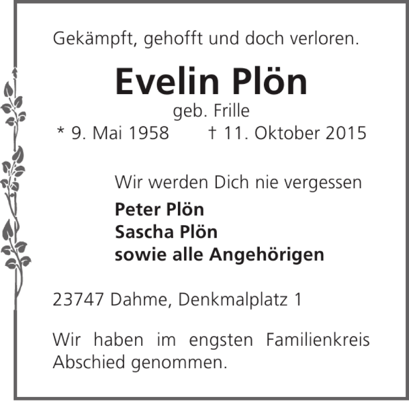  Traueranzeige für Evelin Plön vom 17.10.2015 aus Lübecker Nachrichten