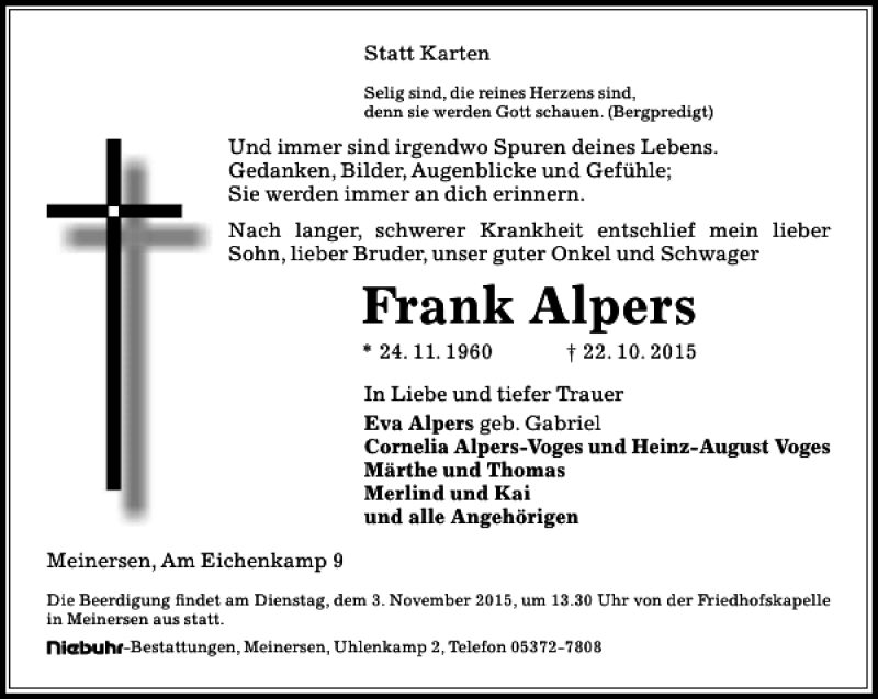  Traueranzeige für Frank Alpers vom 29.10.2015 aus Aller Zeitung / Wolfsburger Allgemeine