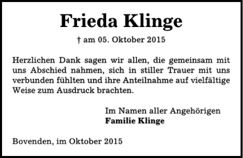 Traueranzeige von Frieda Klinge von Göttinger Tageblatt