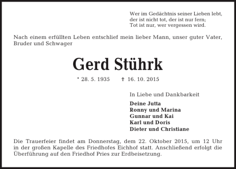  Traueranzeige für Gerd Stührk vom 21.10.2015 aus Kieler Nachrichten / Segeberger Zeitung
