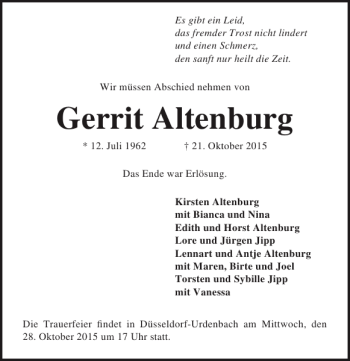 Traueranzeige von Gerrit Altenburg von Lübecker Nachrichten