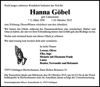 Traueranzeige von Hanna Göbel von Göttinger Tageblatt