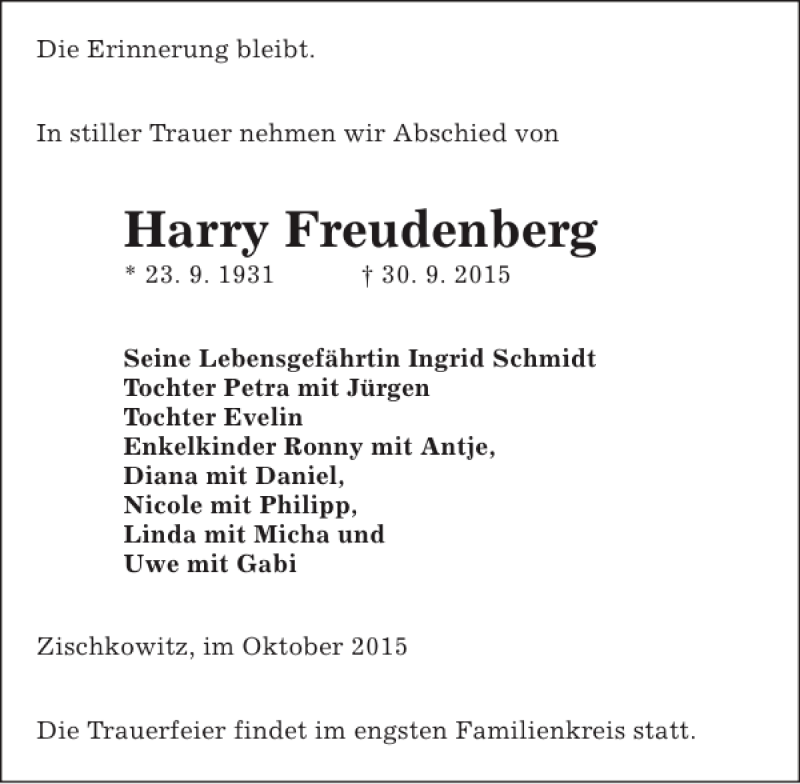  Traueranzeige für Harry Freudenberg vom 08.10.2015 aus Sächsische Zeitung