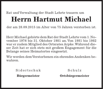 Traueranzeige von Hartmut Michael von HAZ/NP