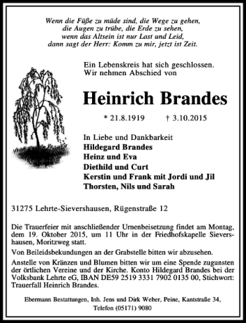 Traueranzeige von Heinrich Brandes von Peiner Allgemeine Zeitung