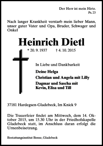 Traueranzeige von Heinrich Dietl von Göttinger Tageblatt