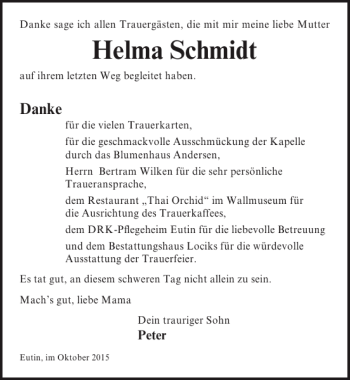 Traueranzeige von Helma Schmidt von Lübecker Nachrichten