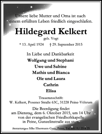 Traueranzeige von Hildegard Kelkert von Peiner Allgemeine Zeitung